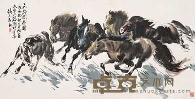 张义潜 1988年作 六骏闹春图 镜心 69×135cm